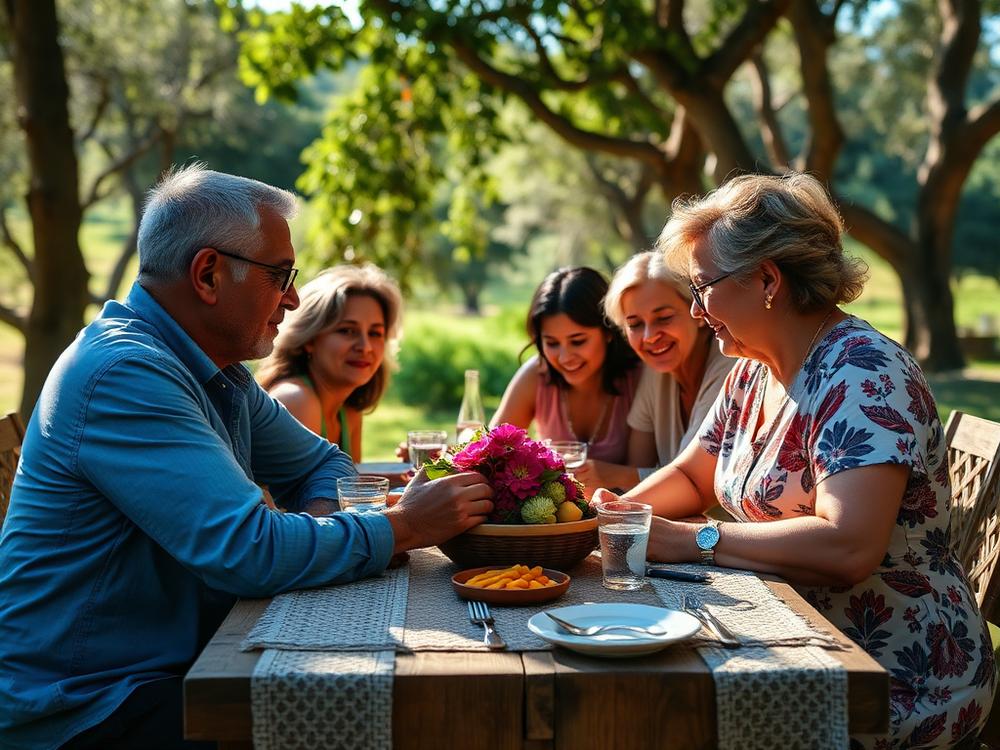 Família reunida almoçando em mesa de madeira ao ar livre