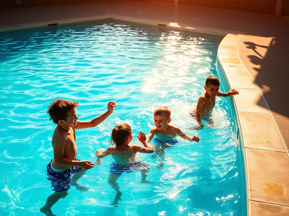 Crianças se divertindo na borda da piscina em tarde de sol