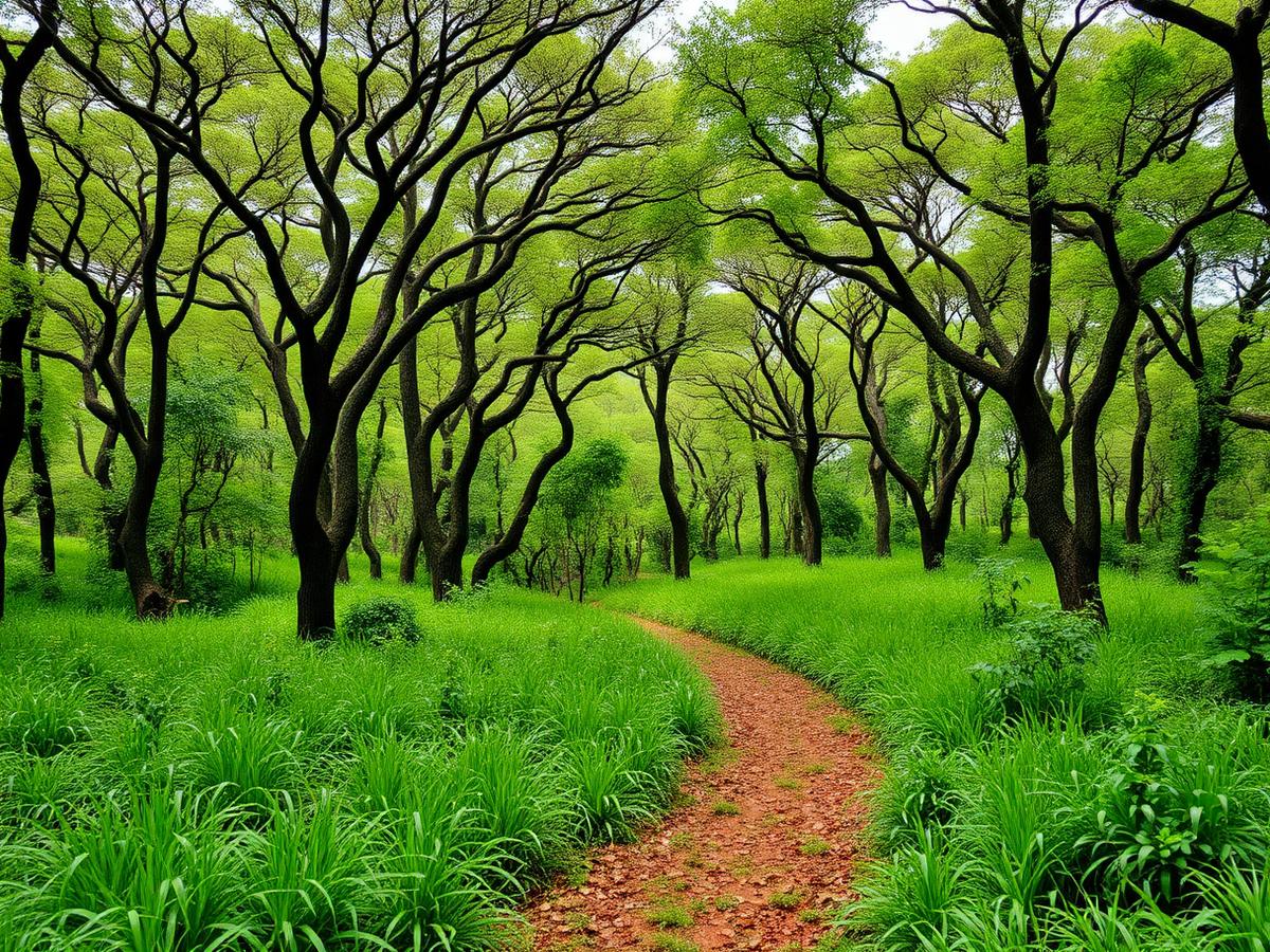 Área verde ampla com árvores e caminho de terra no interior de São Paulo