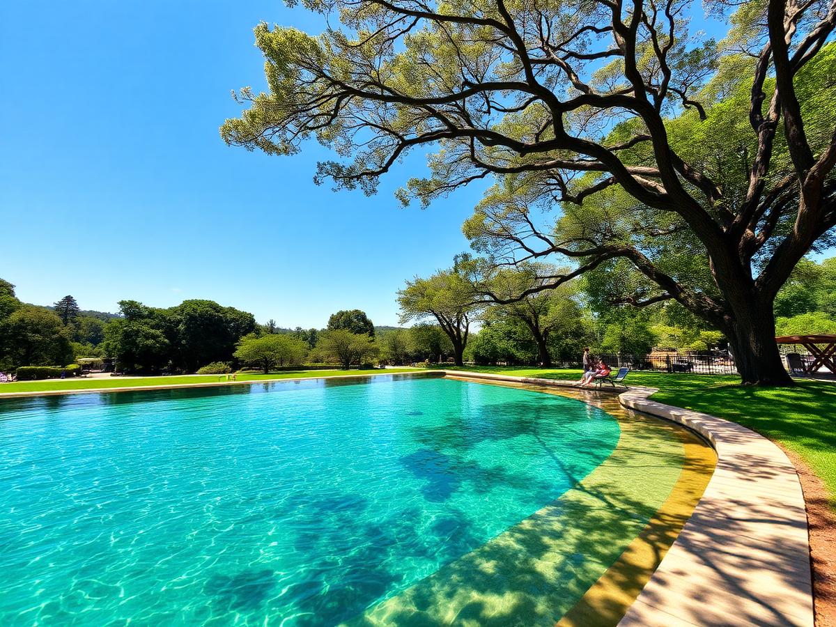 Piscina ao ar livre cercada de grama e árvores em dia de sol